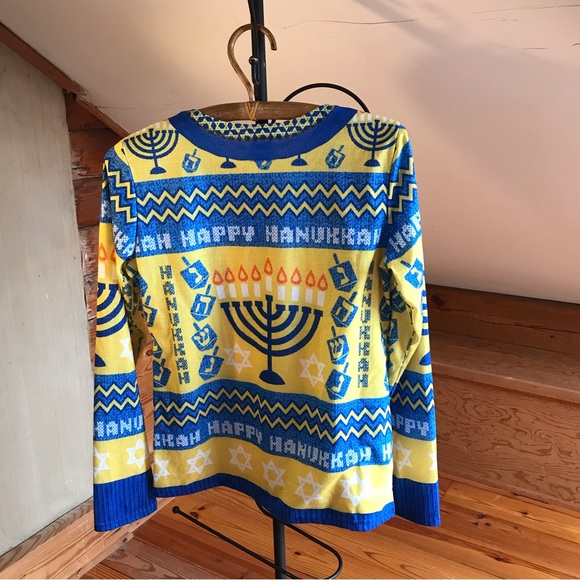 Faux Real Blue Gold Hanukkah Sweater, EUC, M/L - Picture 2 of 10